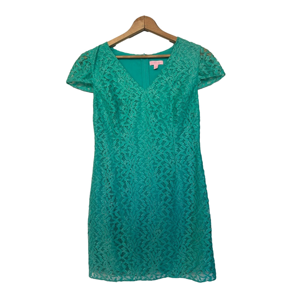 Lilly Pulitzer Erica Metallic Lace Mini Dress M Green Blue V-Neck Short Sleeve